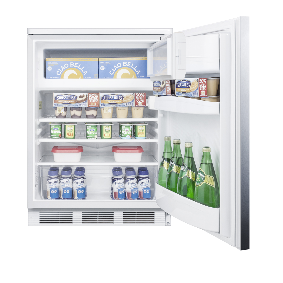 Freestanding refrigerator-freezer for general purpose use, with dual evaporator cooling, cycle defrost, lock, SS door, horizontal handle and white cabinet